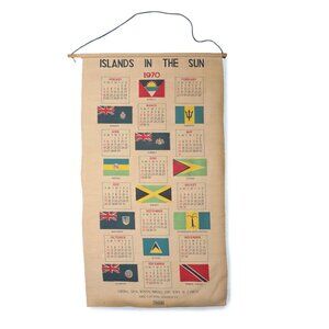 Vintage Caribbean Lands of the Sun Scroll 1970 Calendar Fabric Wall Decor Retro